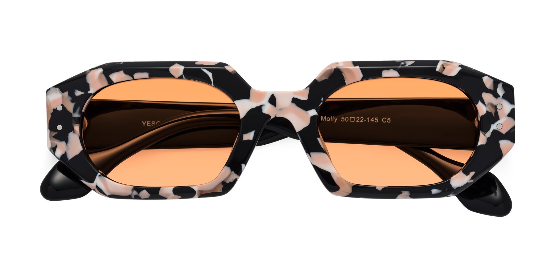 Folded Front of Molly in Pink Floral-Black with Medium Orange Tinted Lenses