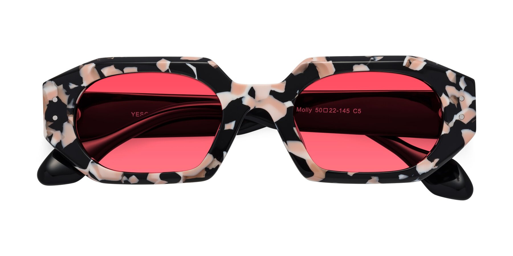 Folded Front of Molly in Pink Floral-Black with Red Tinted Lenses