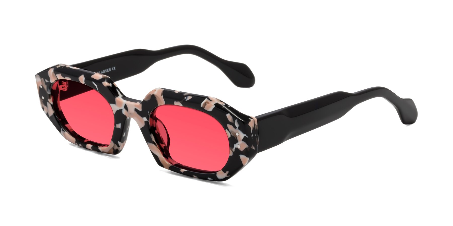 Angle of Molly in Pink Floral-Black with Red Tinted Lenses