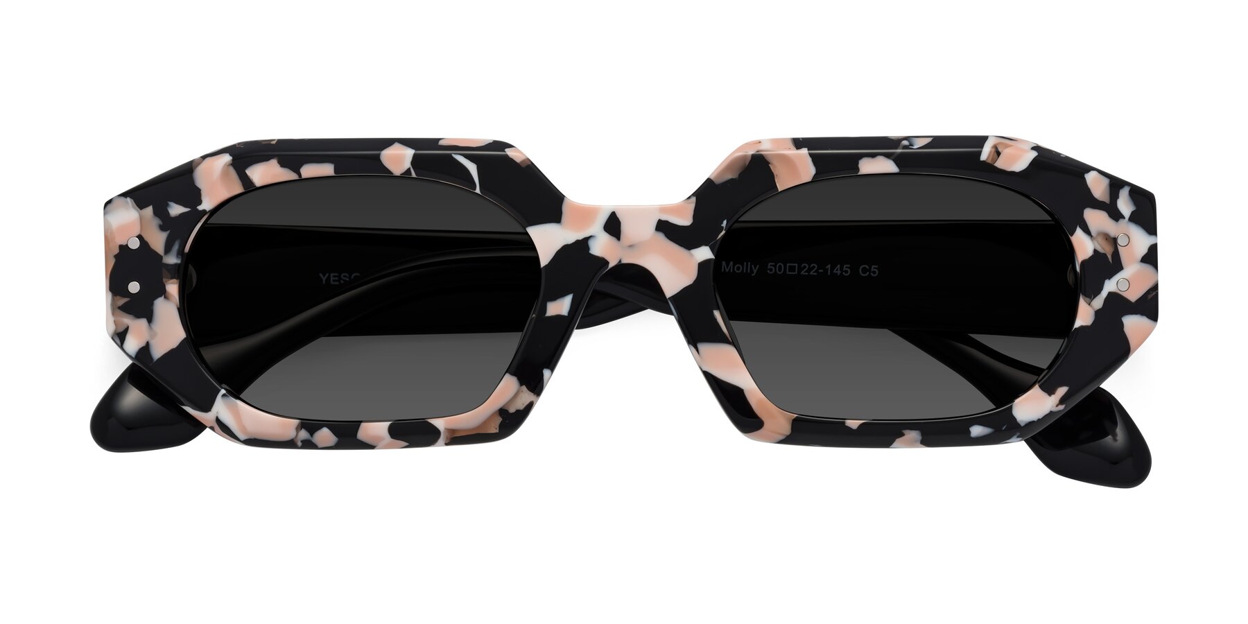 Folded Front of Molly in Pink Floral-Black with Gray Tinted Lenses