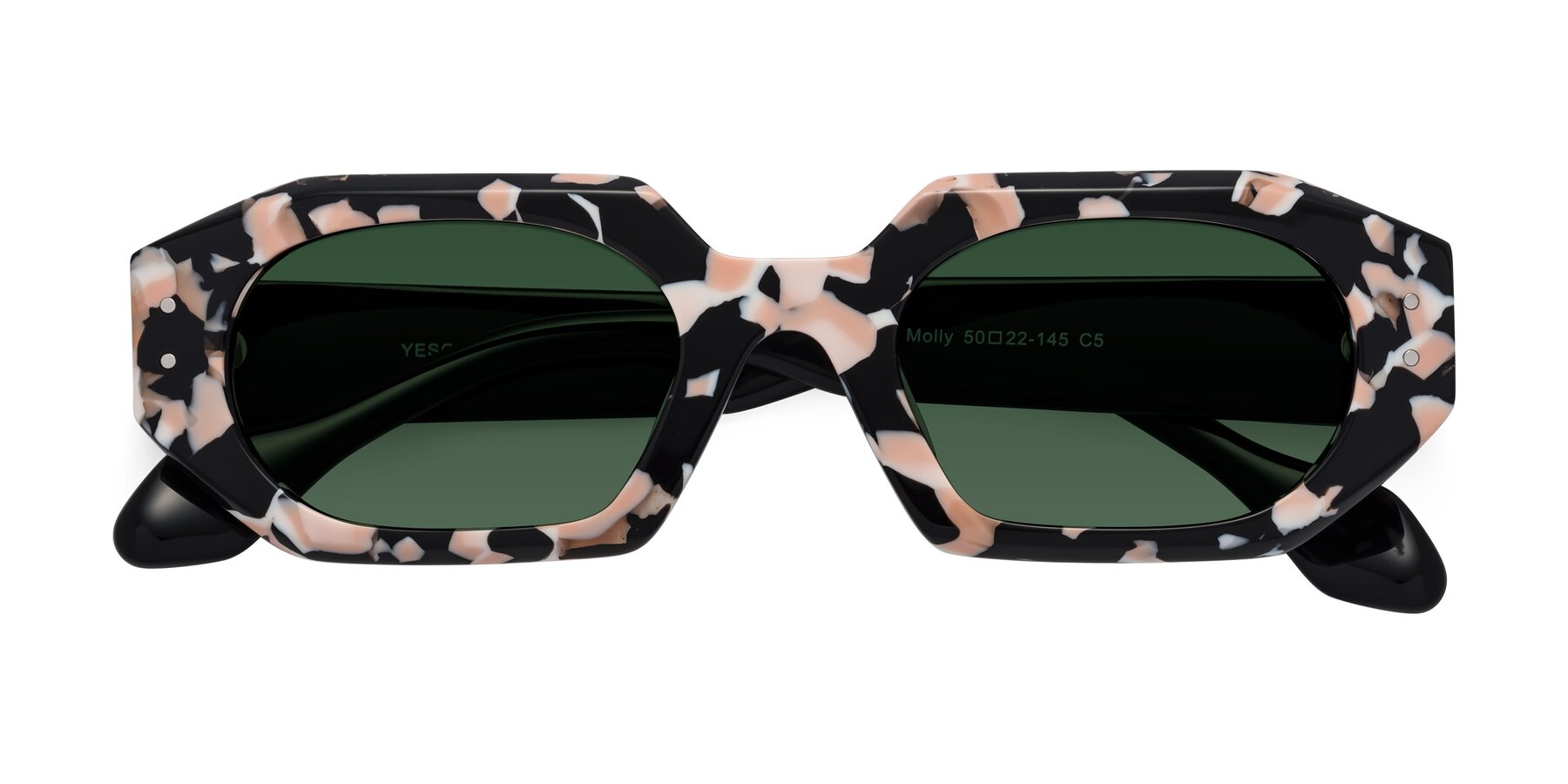 Folded Front of Molly in Pink Floral-Black with Green Tinted Lenses