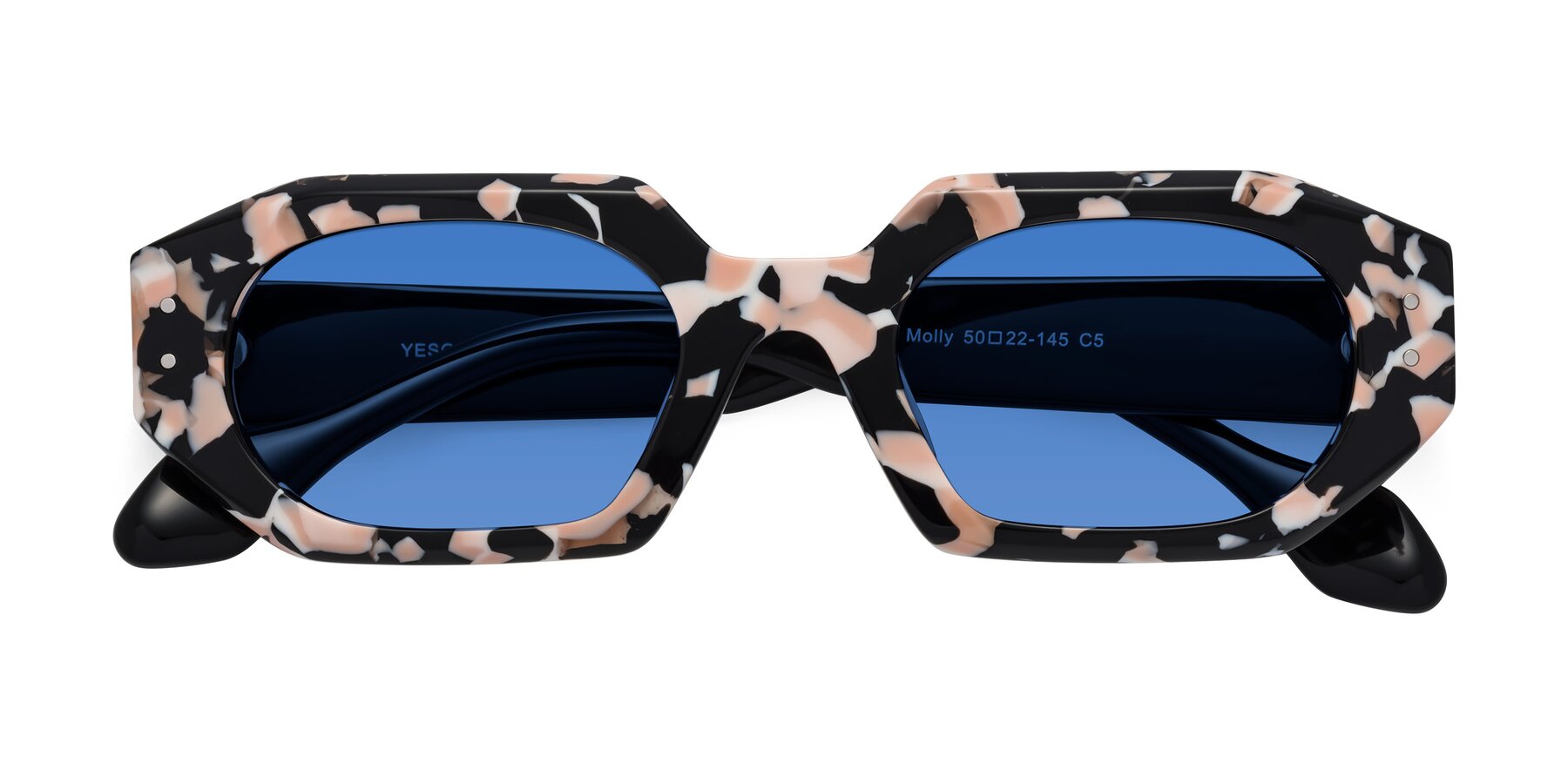 Folded Front of Molly in Pink Floral-Black with Blue Tinted Lenses