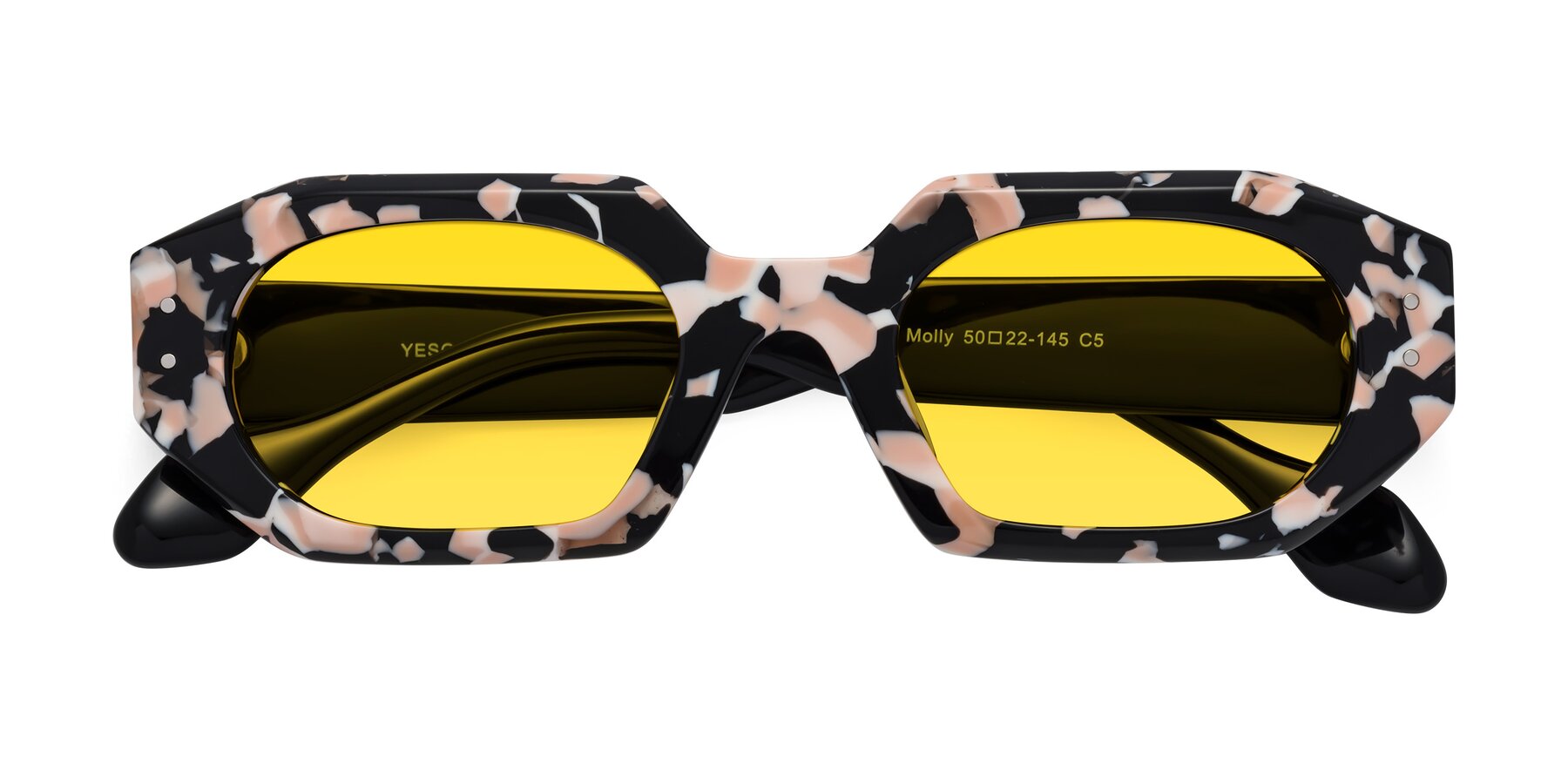 Folded Front of Molly in Pink Floral-Black with Yellow Tinted Lenses