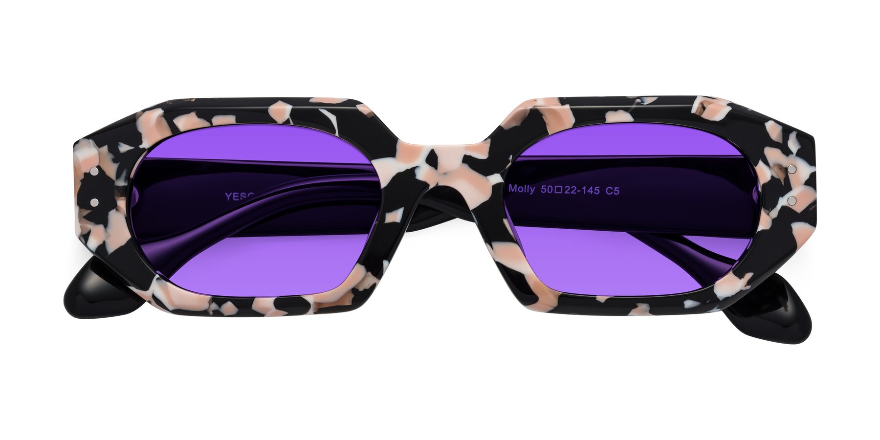 Folded Front of Molly in Pink Floral-Black with Purple Tinted Lenses
