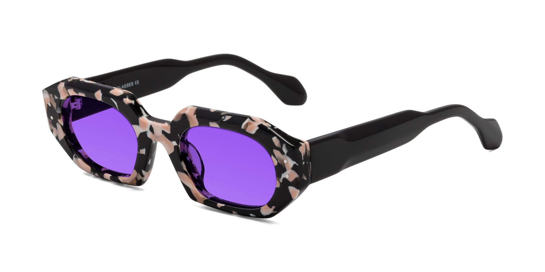 Angle of Molly in Pink Floral-Black with Purple Tinted Lenses