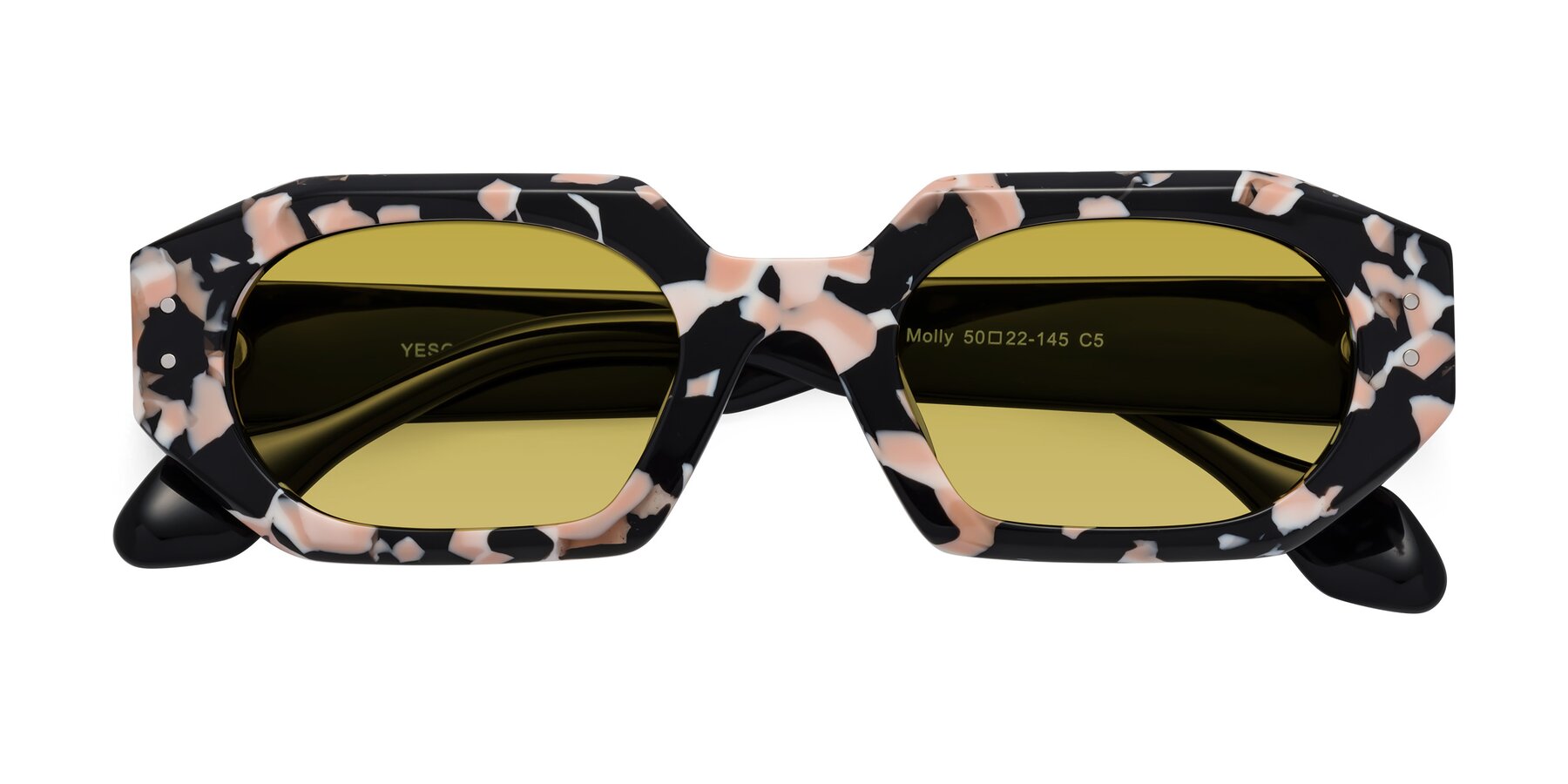 Folded Front of Molly in Pink Floral-Black with Champagne Tinted Lenses