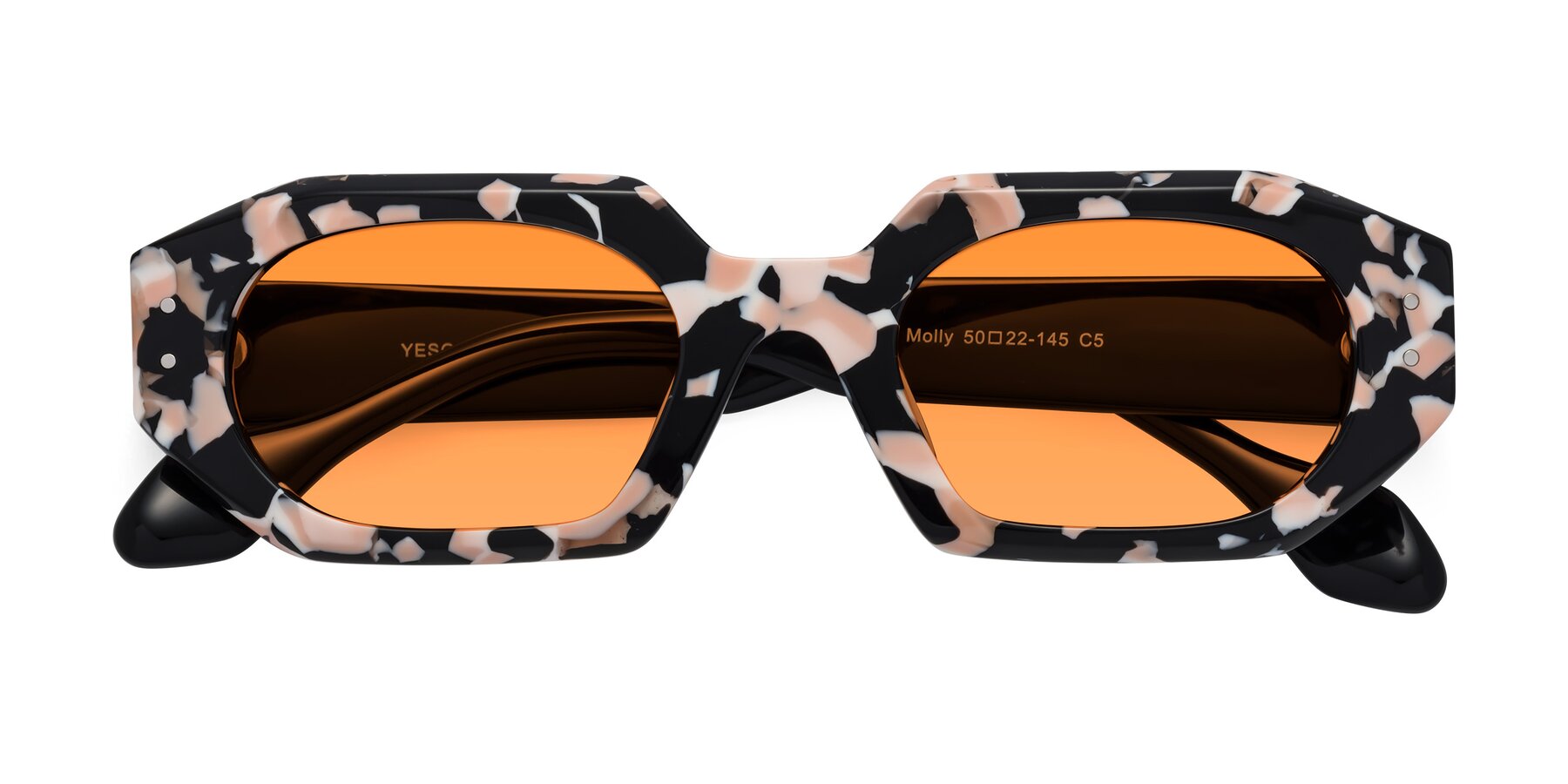 Folded Front of Molly in Pink Floral-Black with Orange Tinted Lenses