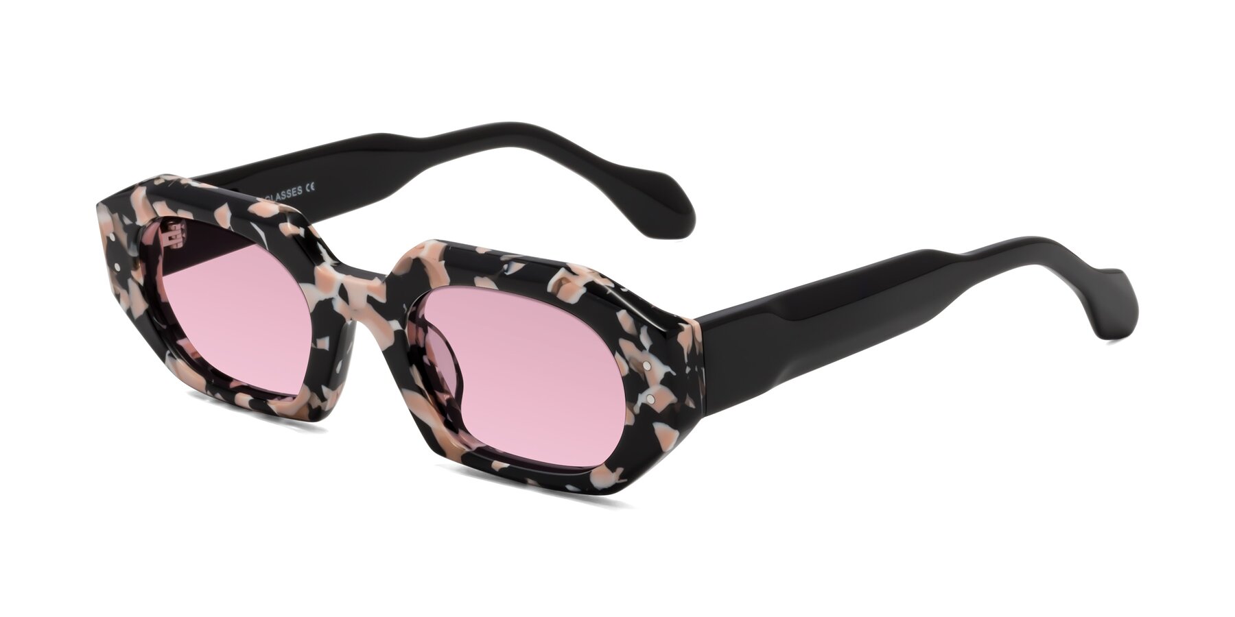 Angle of Molly in Pink Floral-Black with Light Wine Tinted Lenses