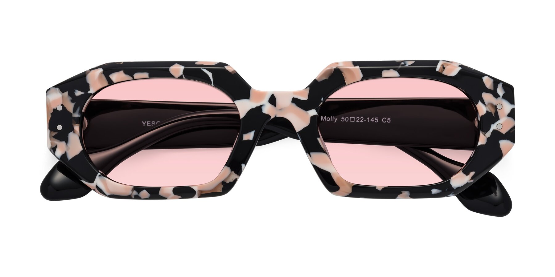 Folded Front of Molly in Pink Floral-Black with Light Garnet Tinted Lenses
