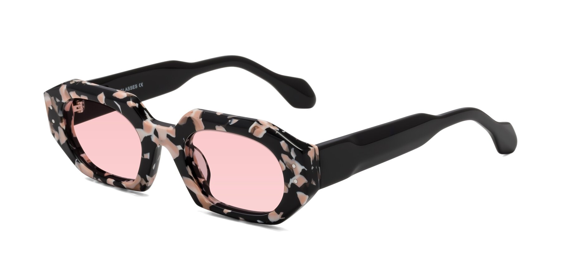 Angle of Molly in Pink Floral-Black with Light Garnet Tinted Lenses