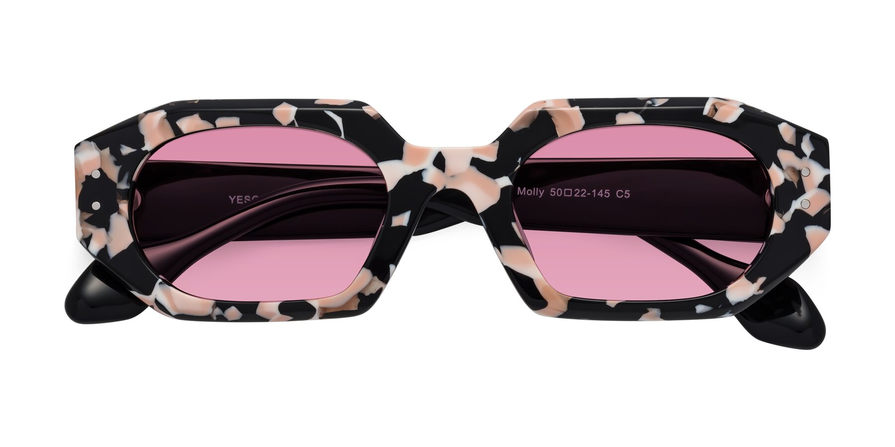 Folded Front of Molly in Pink Floral-Black with Medium Wine Tinted Lenses