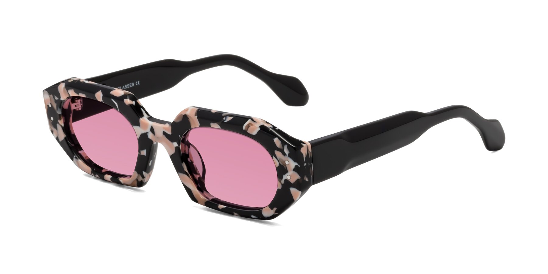 Angle of Molly in Pink Floral-Black with Medium Wine Tinted Lenses