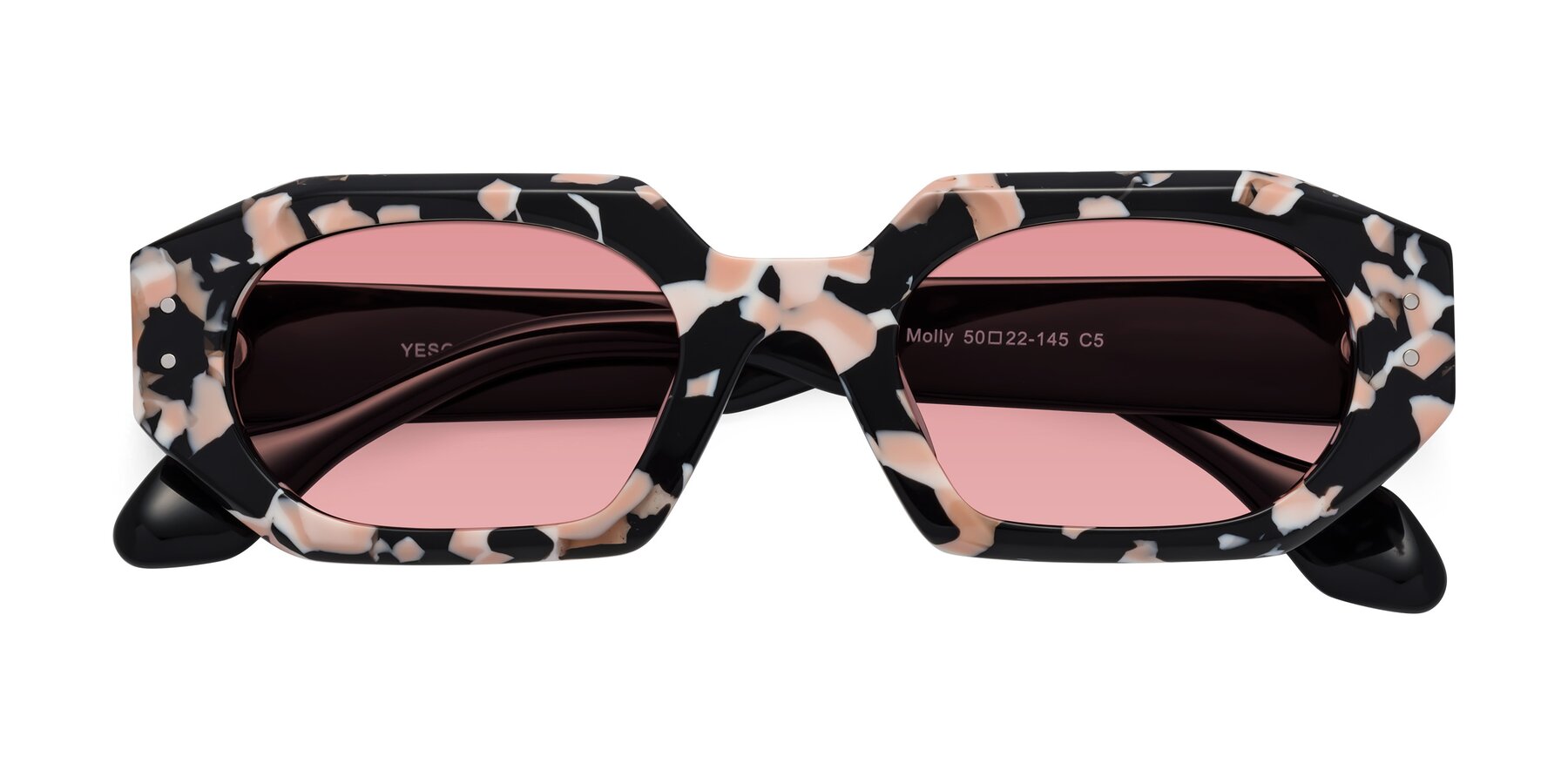 Folded Front of Molly in Pink Floral-Black with Medium Garnet Tinted Lenses