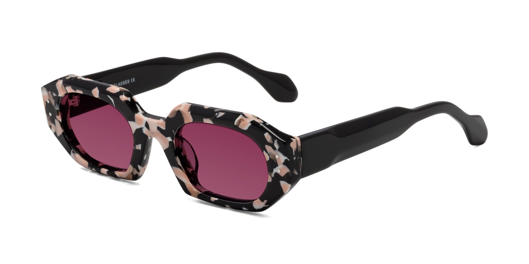Angle of Molly in Pink Floral-Black with Wine Tinted Lenses