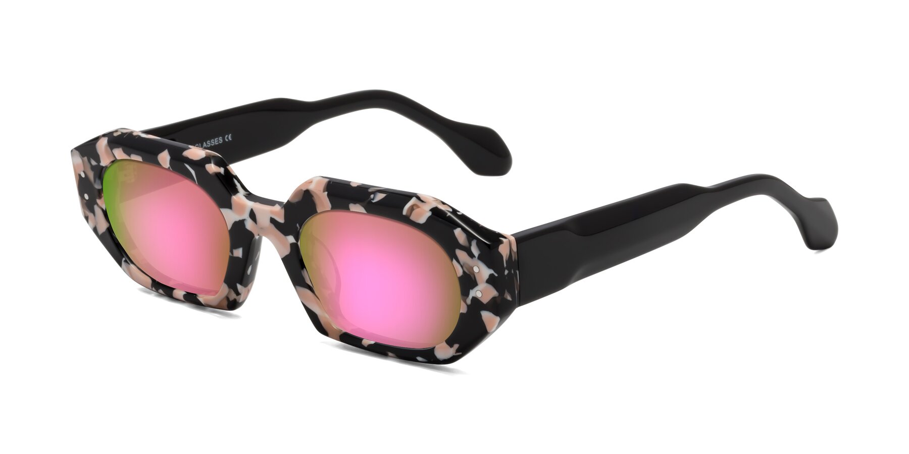 Angle of Molly in Pink Floral-Black with Pink Mirrored Lenses