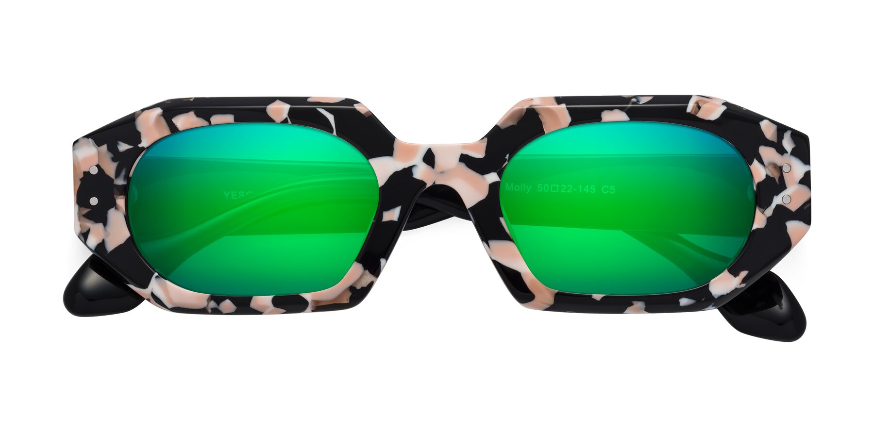 Folded Front of Molly in Pink Floral-Black with Green Mirrored Lenses