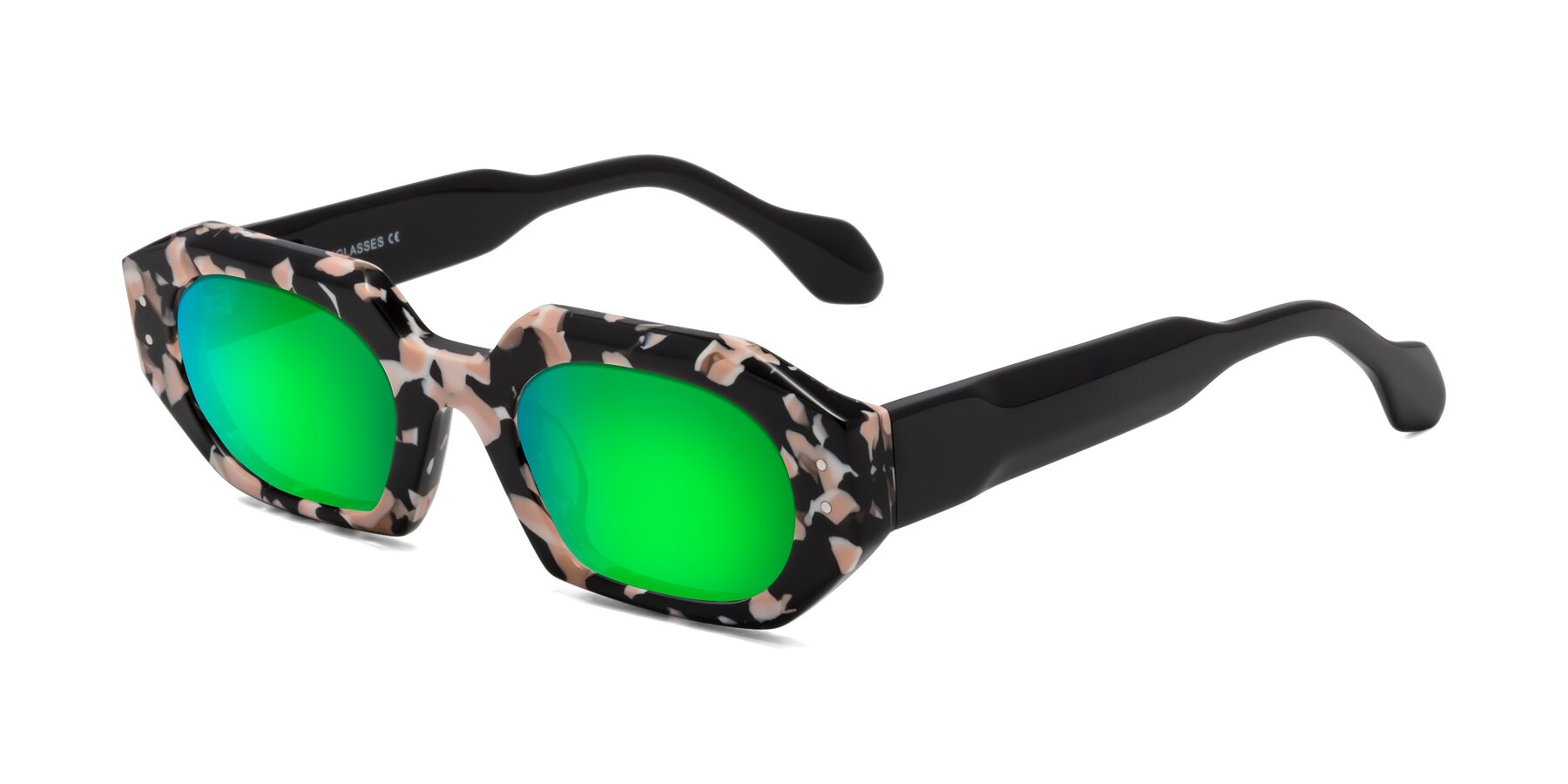 Angle of Molly in Pink Floral-Black with Green Mirrored Lenses