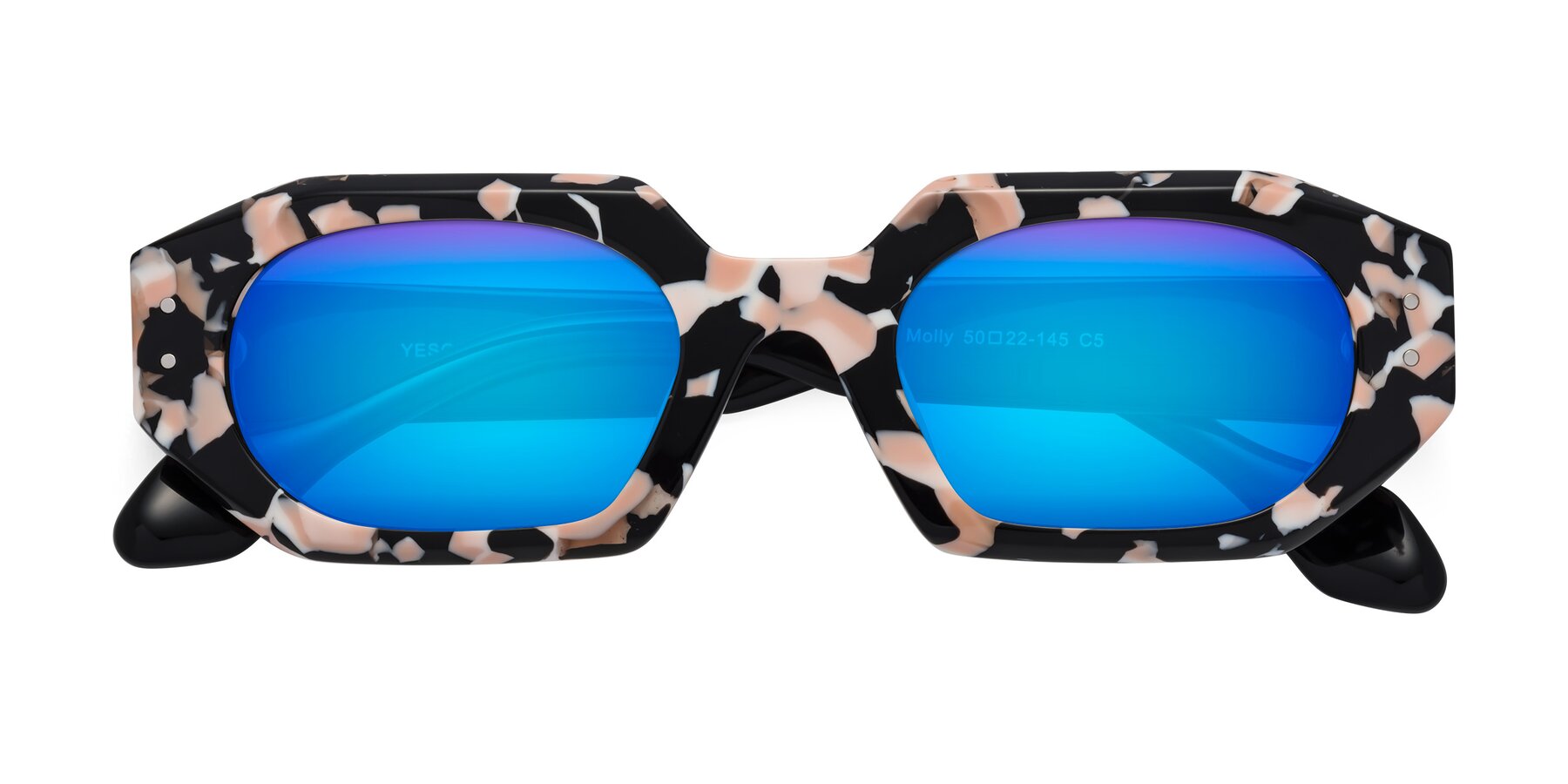 Folded Front of Molly in Pink Floral-Black with Blue Mirrored Lenses