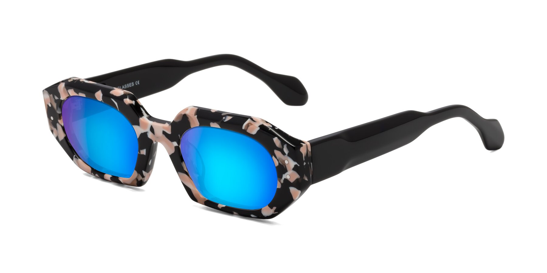 Angle of Molly in Pink Floral-Black with Blue Mirrored Lenses