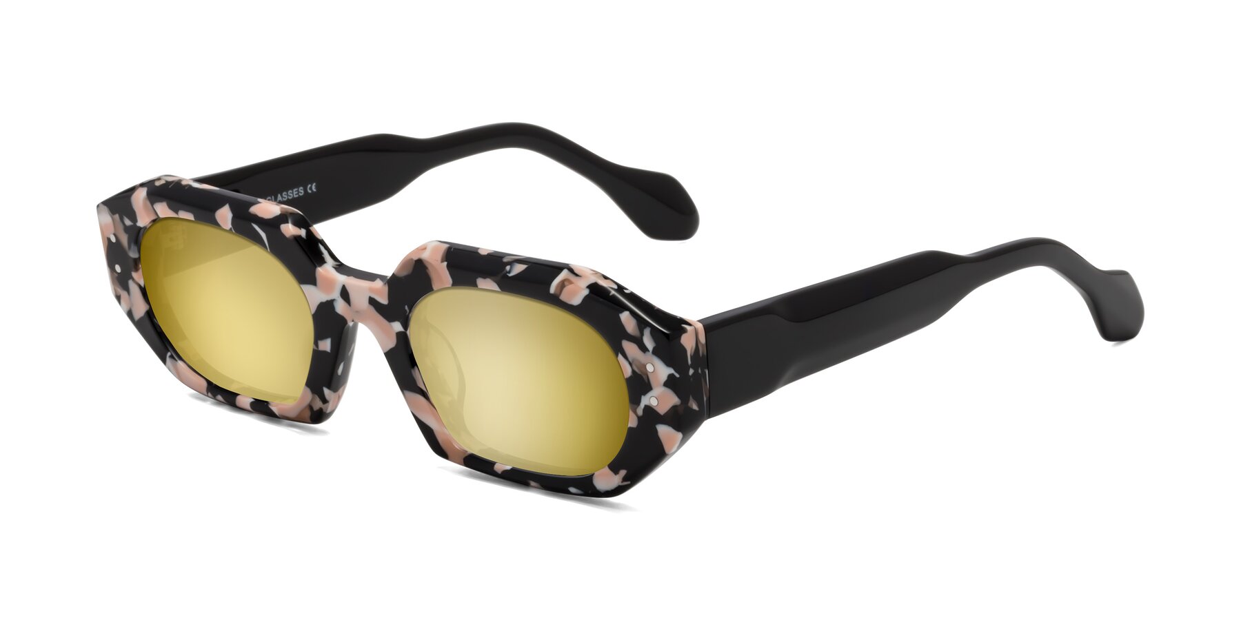 Angle of Molly in Pink Floral-Black with Gold Mirrored Lenses