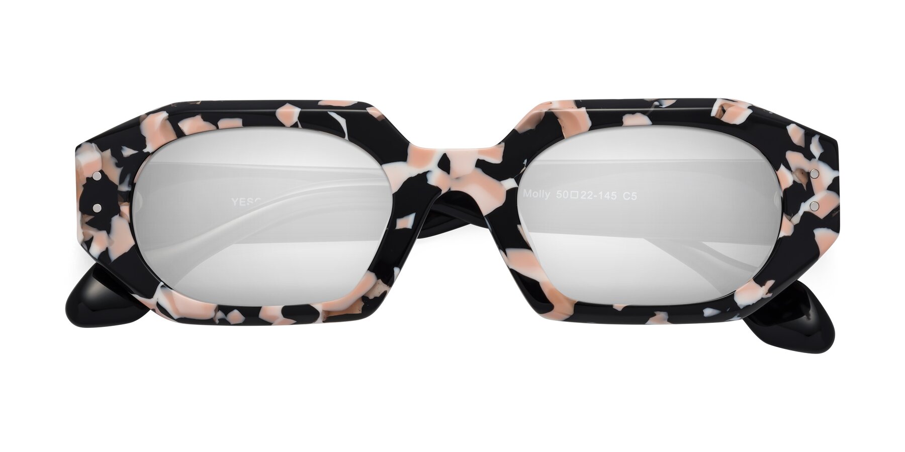 Folded Front of Molly in Pink Floral-Black with Silver Mirrored Lenses