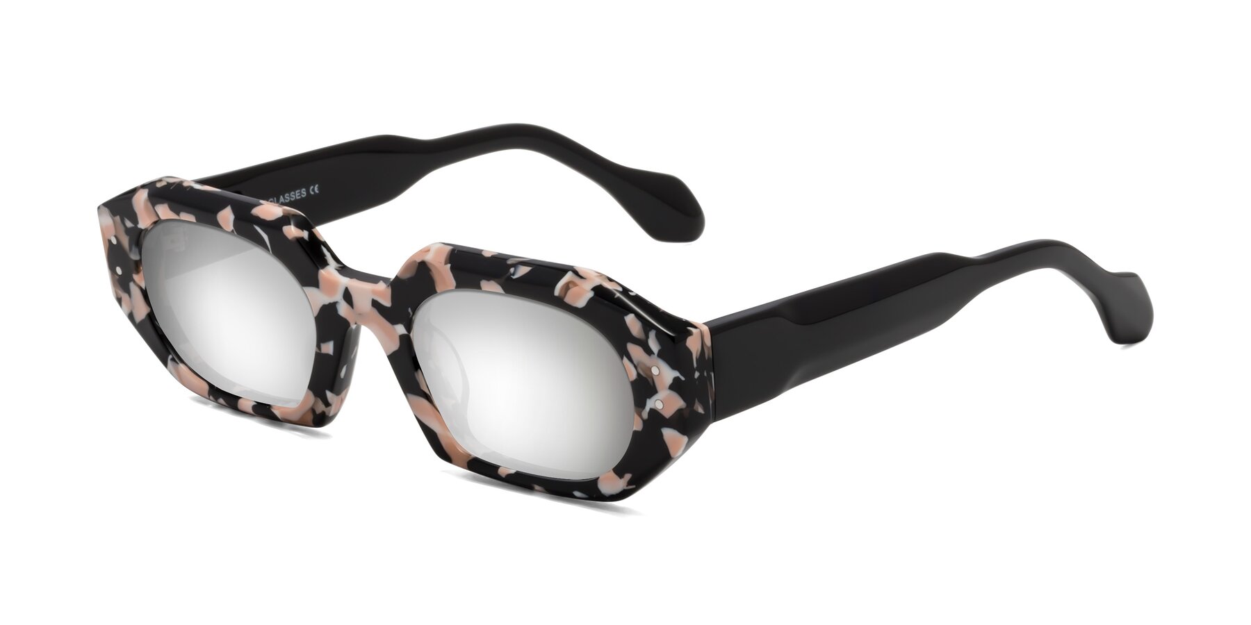 Angle of Molly in Pink Floral-Black with Silver Mirrored Lenses