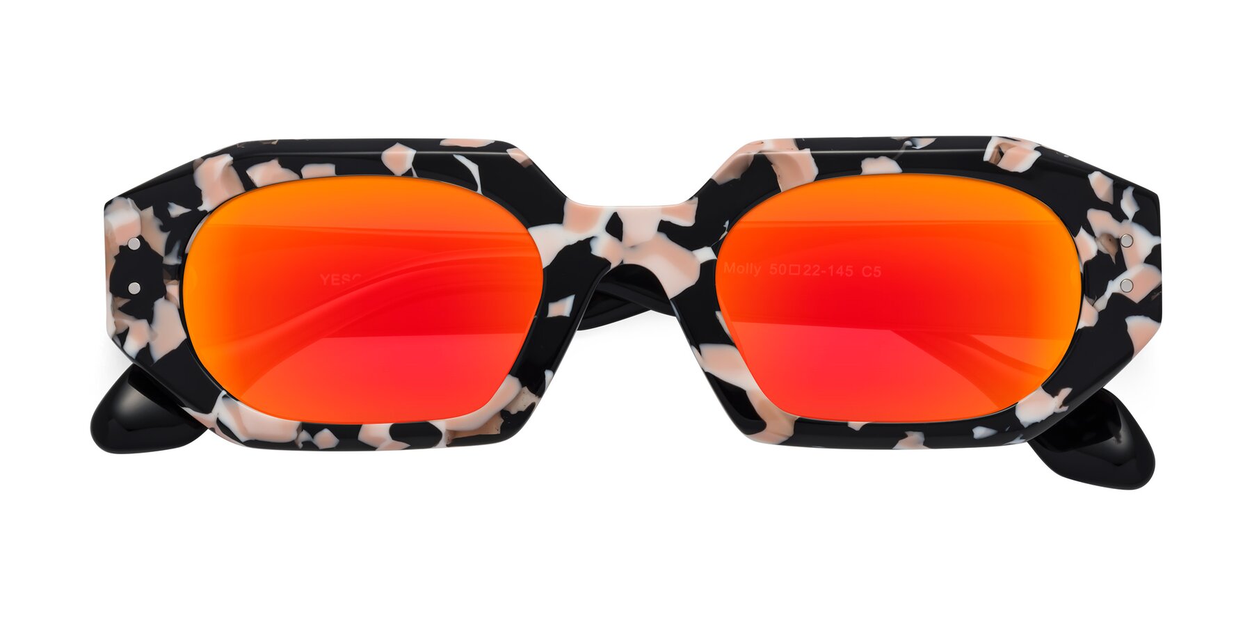 Folded Front of Molly in Pink Floral-Black with Red Gold Mirrored Lenses