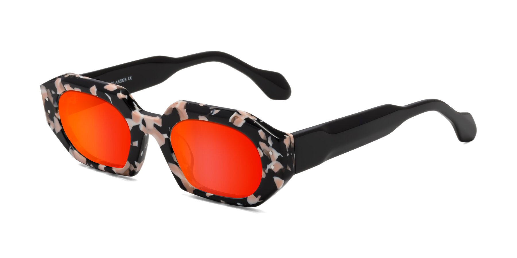 Angle of Molly in Pink Floral-Black with Red Gold Mirrored Lenses
