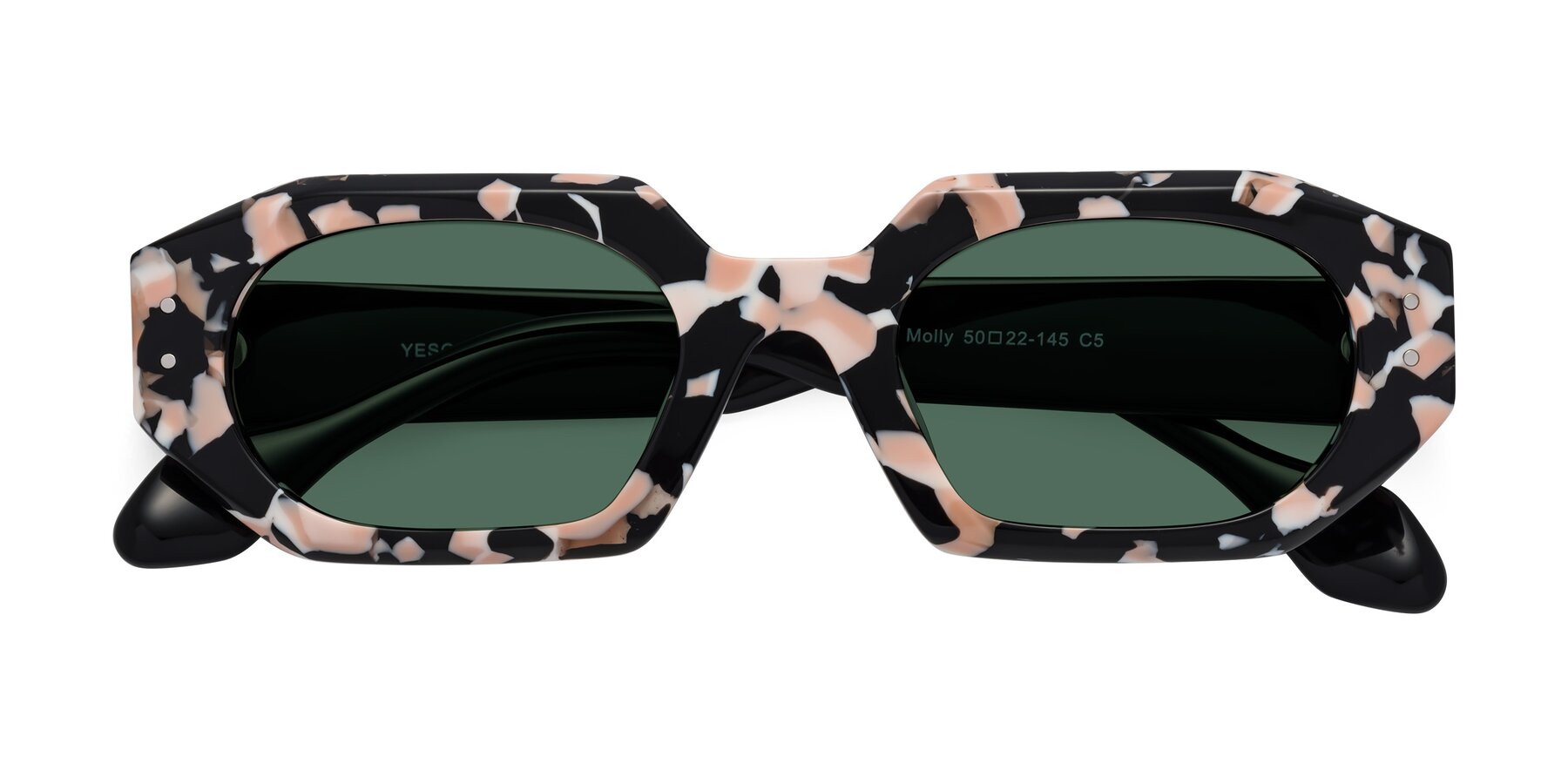Folded Front of Molly in Pink Floral-Black with Green Polarized Lenses