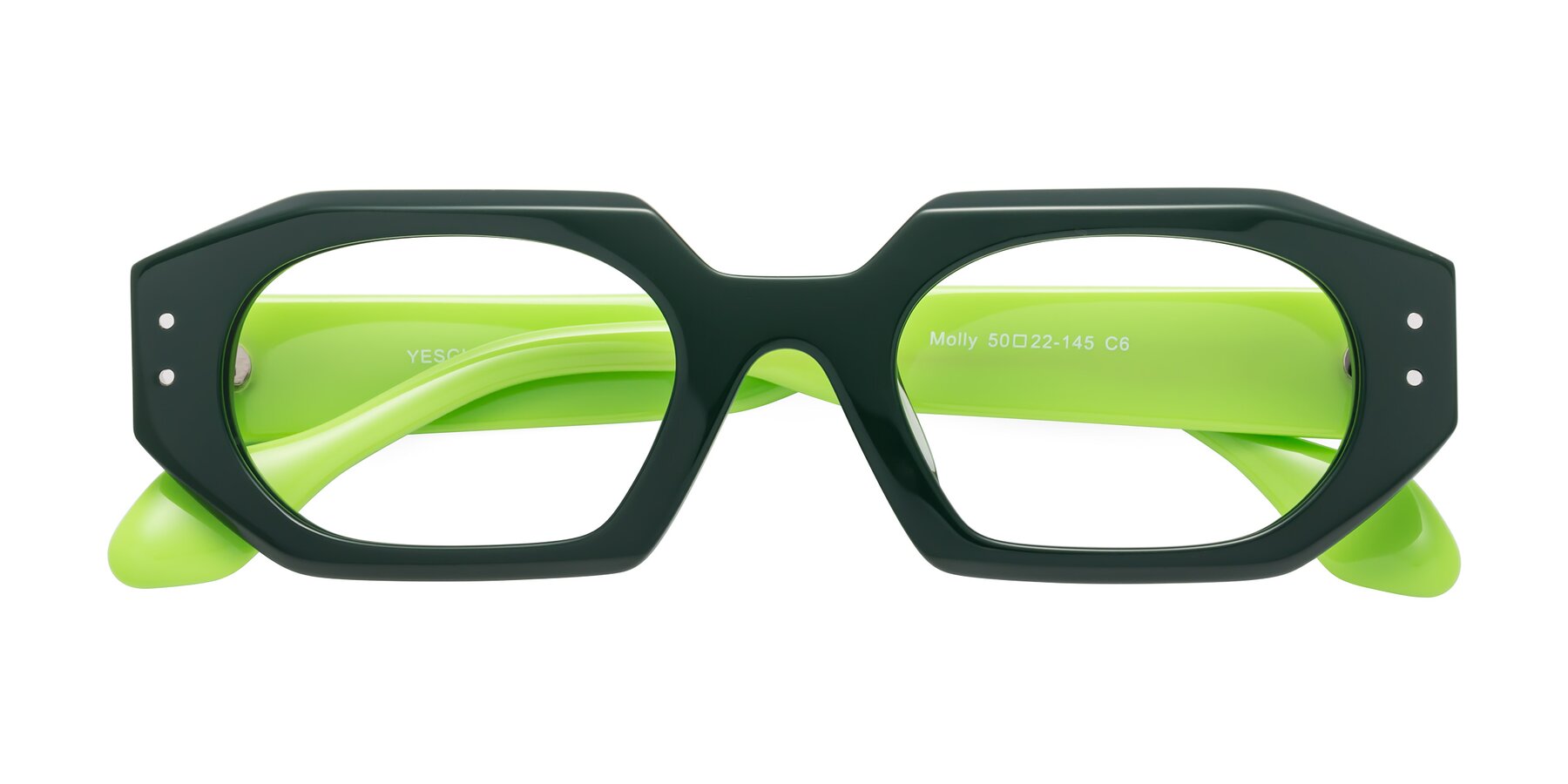 Folded Front of Molly in Forest-Lime with Clear Eyeglass Lenses