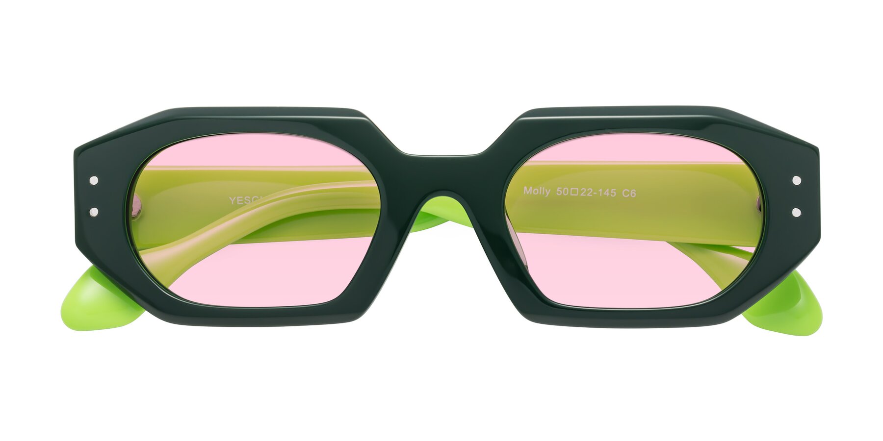 Folded Front of Molly in Forest-Lime with Light Pink Tinted Lenses