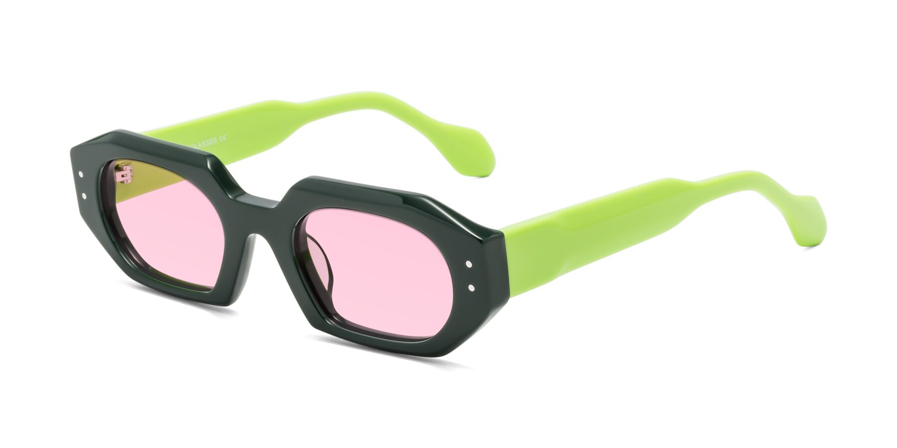 Angle of Molly in Forest-Lime with Light Pink Tinted Lenses