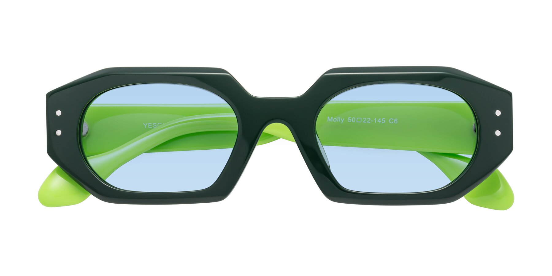 Folded Front of Molly in Forest-Lime with Light Blue Tinted Lenses