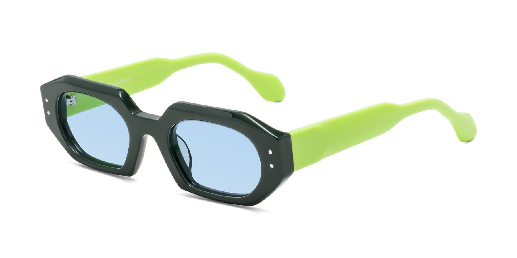 Angle of Molly in Forest-Lime with Light Blue Tinted Lenses