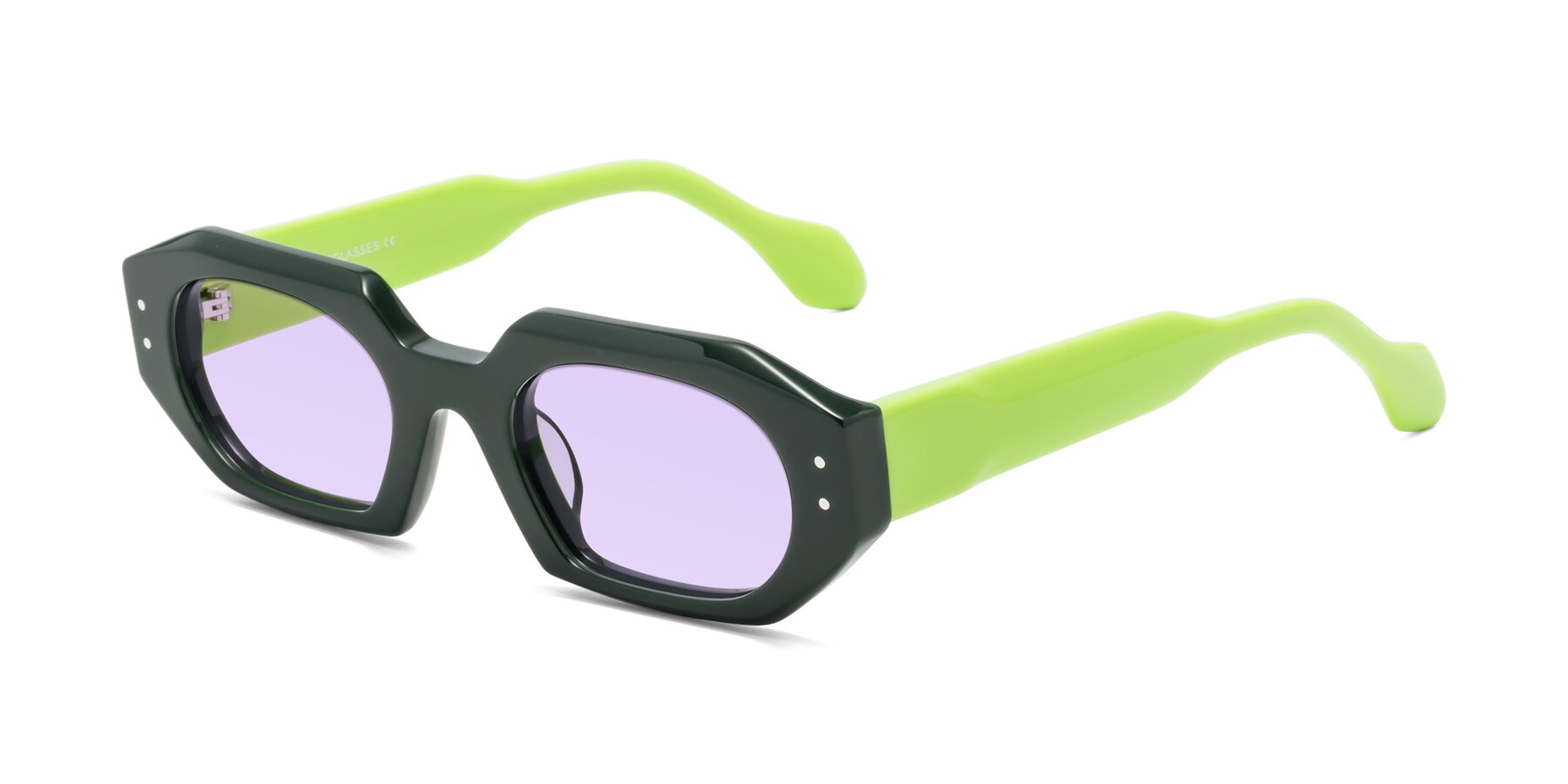 Angle of Molly in Forest-Lime with Light Purple Tinted Lenses