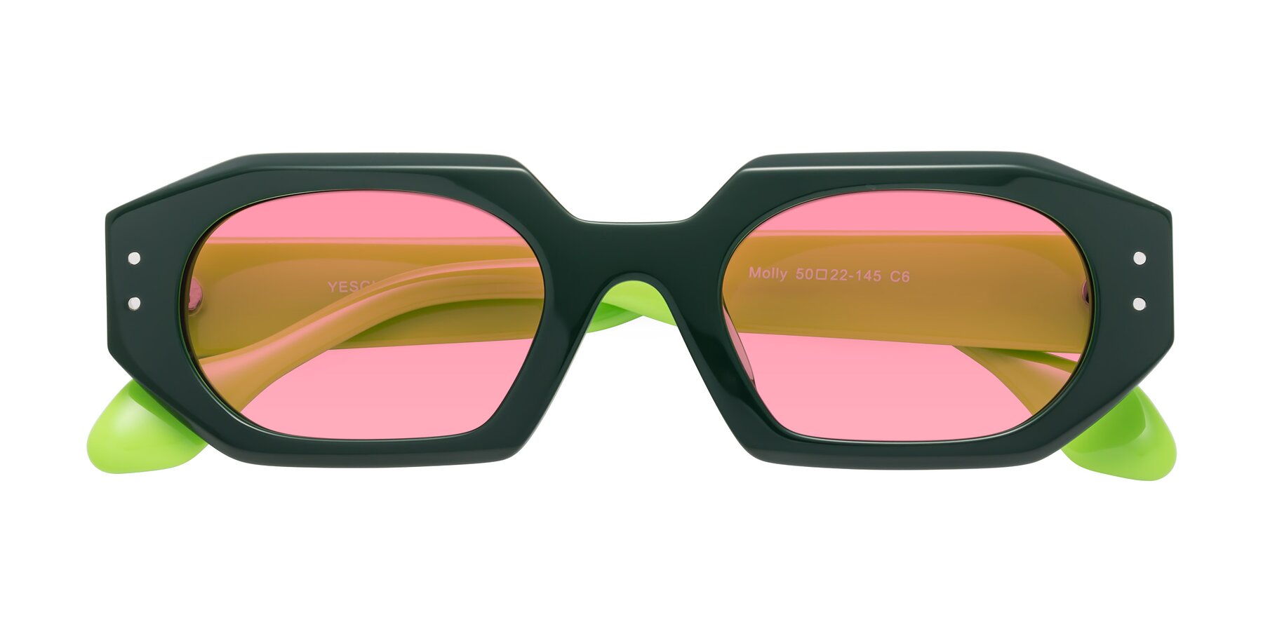 Folded Front of Molly in Forest-Lime with Pink Tinted Lenses