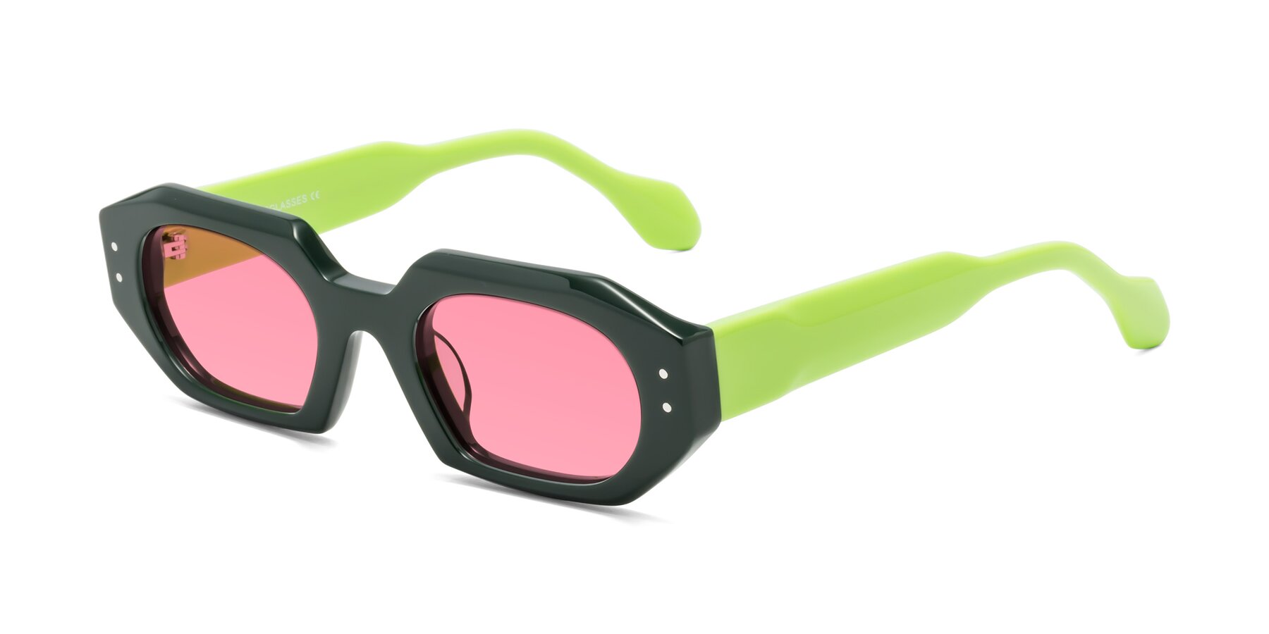 Angle of Molly in Forest-Lime with Pink Tinted Lenses