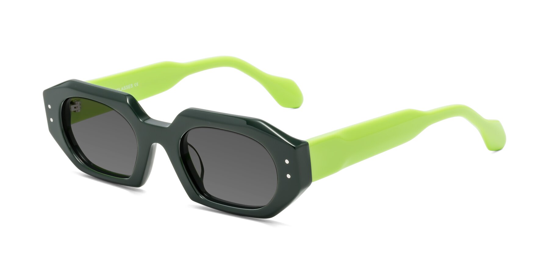Angle of Molly in Forest-Lime with Medium Gray Tinted Lenses