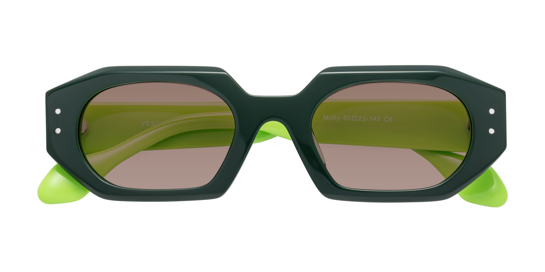 Folded Front of Molly in Forest-Lime with Medium Brown Tinted Lenses