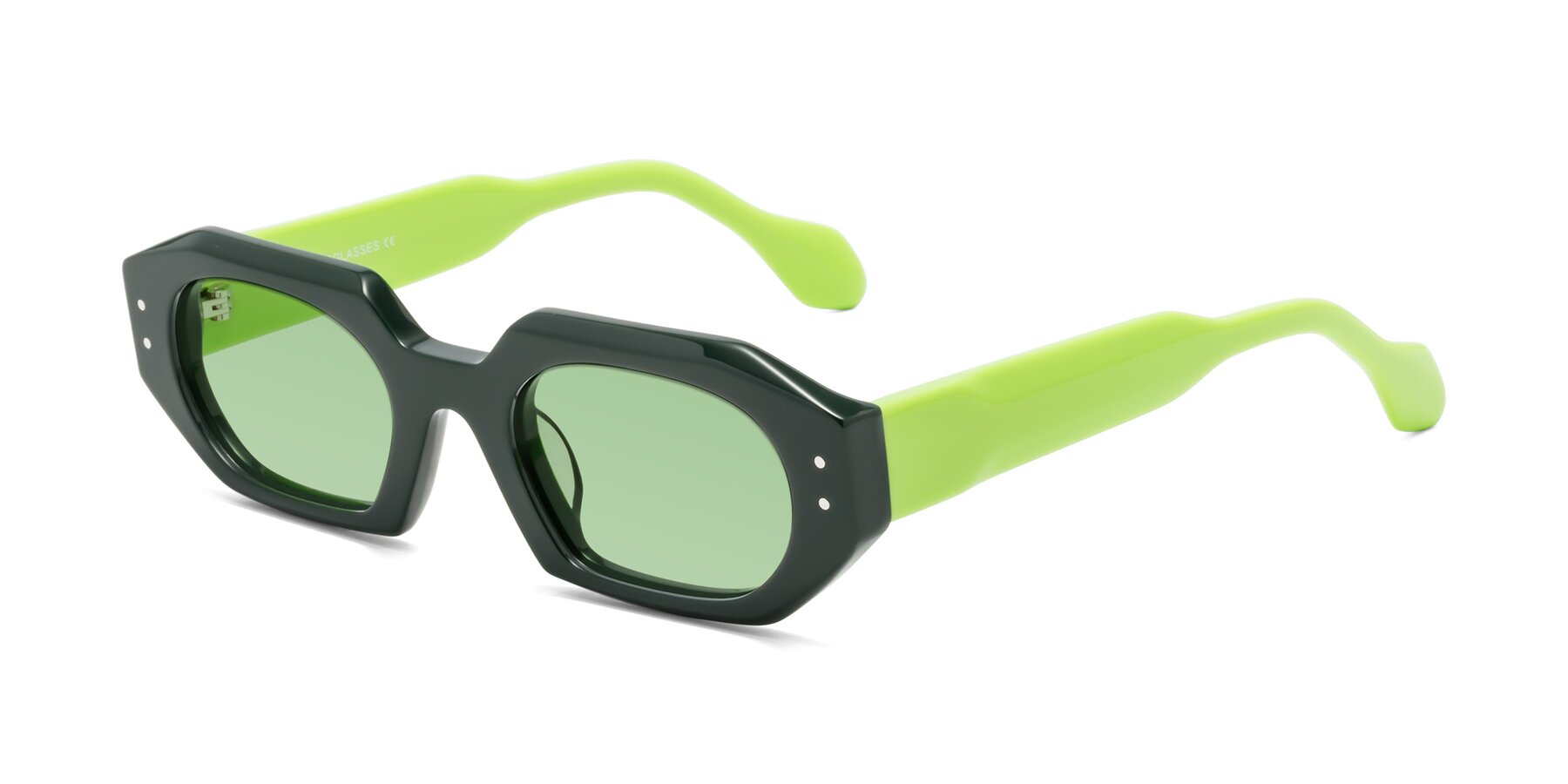 Angle of Molly in Forest-Lime with Medium Green Tinted Lenses