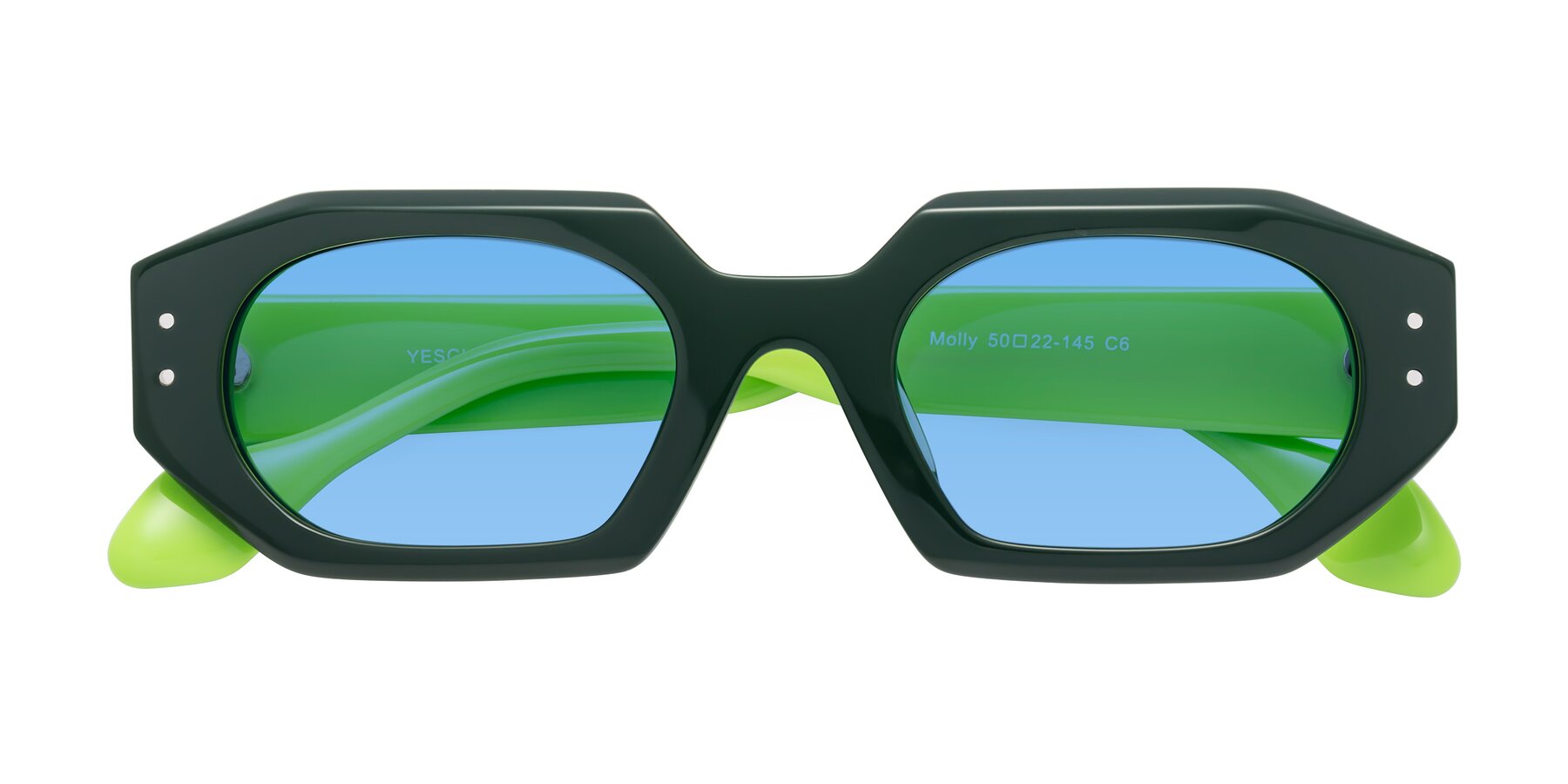 Folded Front of Molly in Forest-Lime with Medium Blue Tinted Lenses
