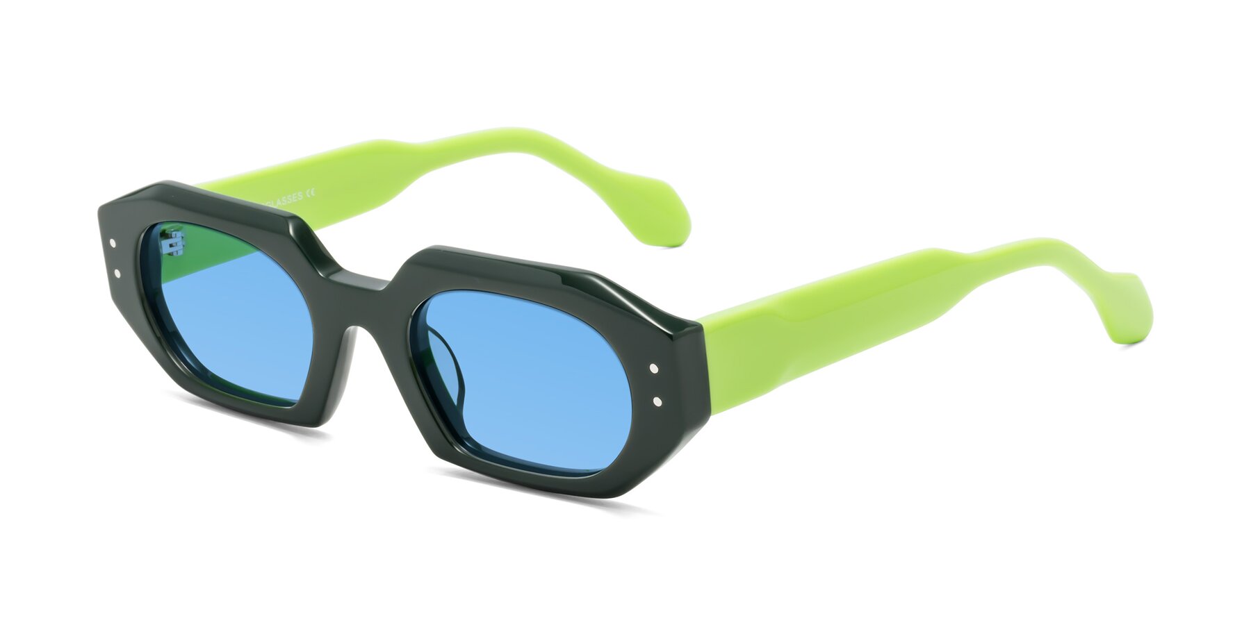 Angle of Molly in Forest-Lime with Medium Blue Tinted Lenses