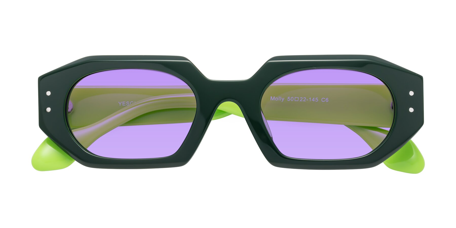 Folded Front of Molly in Forest-Lime with Medium Purple Tinted Lenses