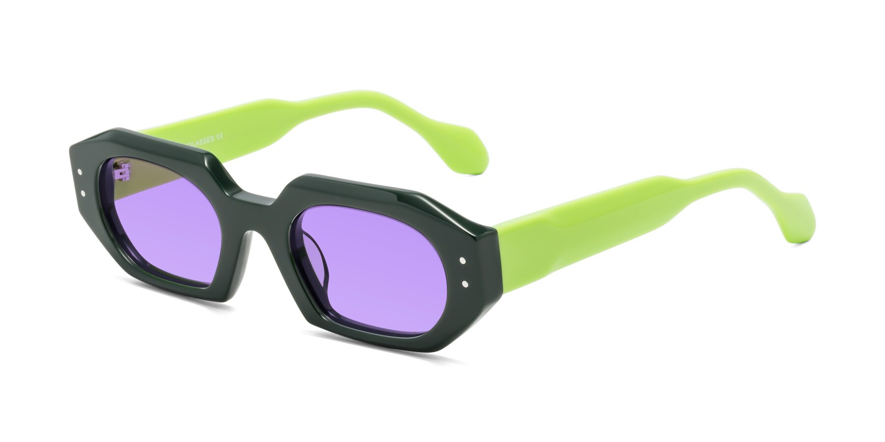Angle of Molly in Forest-Lime with Medium Purple Tinted Lenses