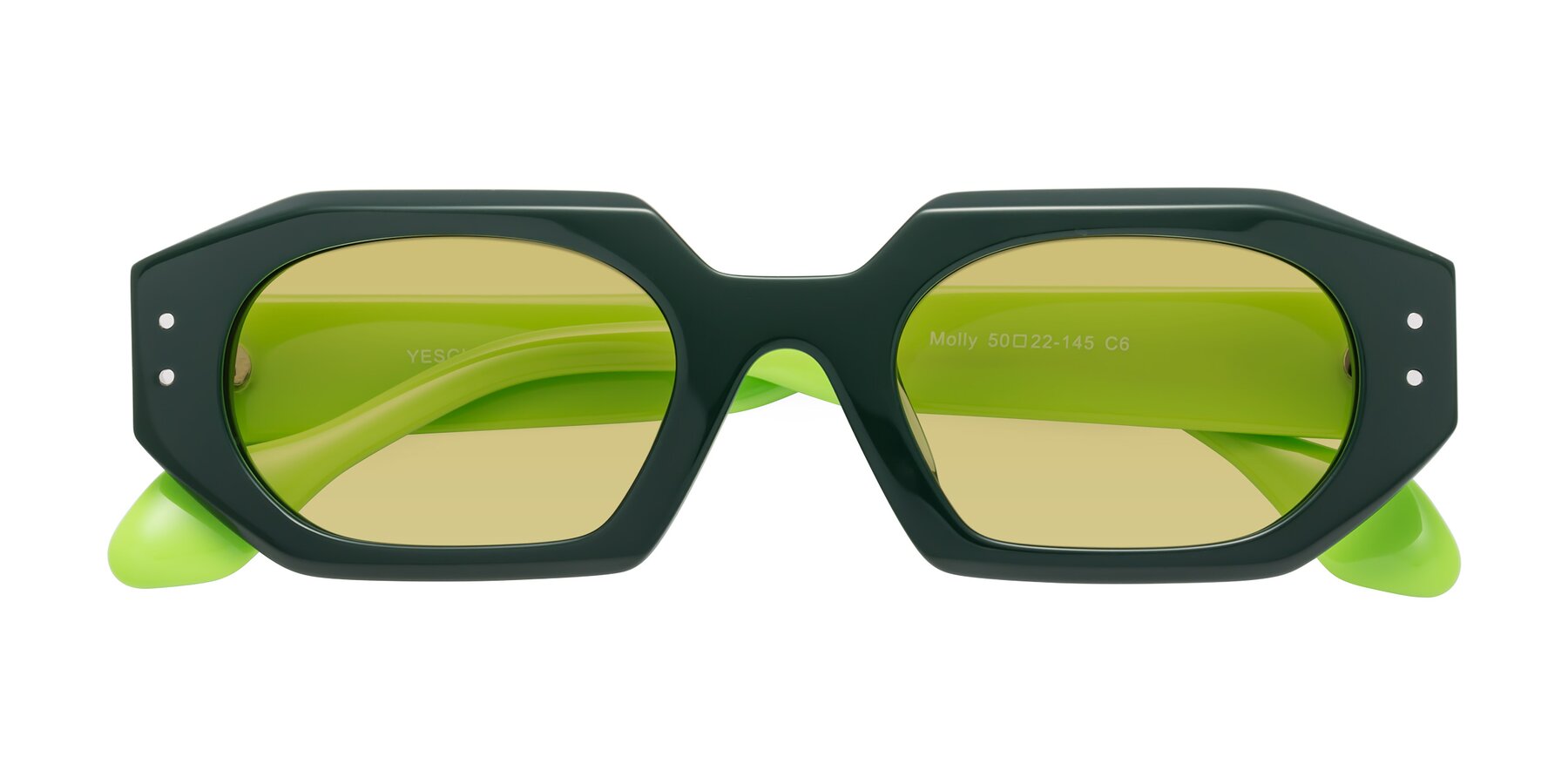 Folded Front of Molly in Forest-Lime with Medium Champagne Tinted Lenses