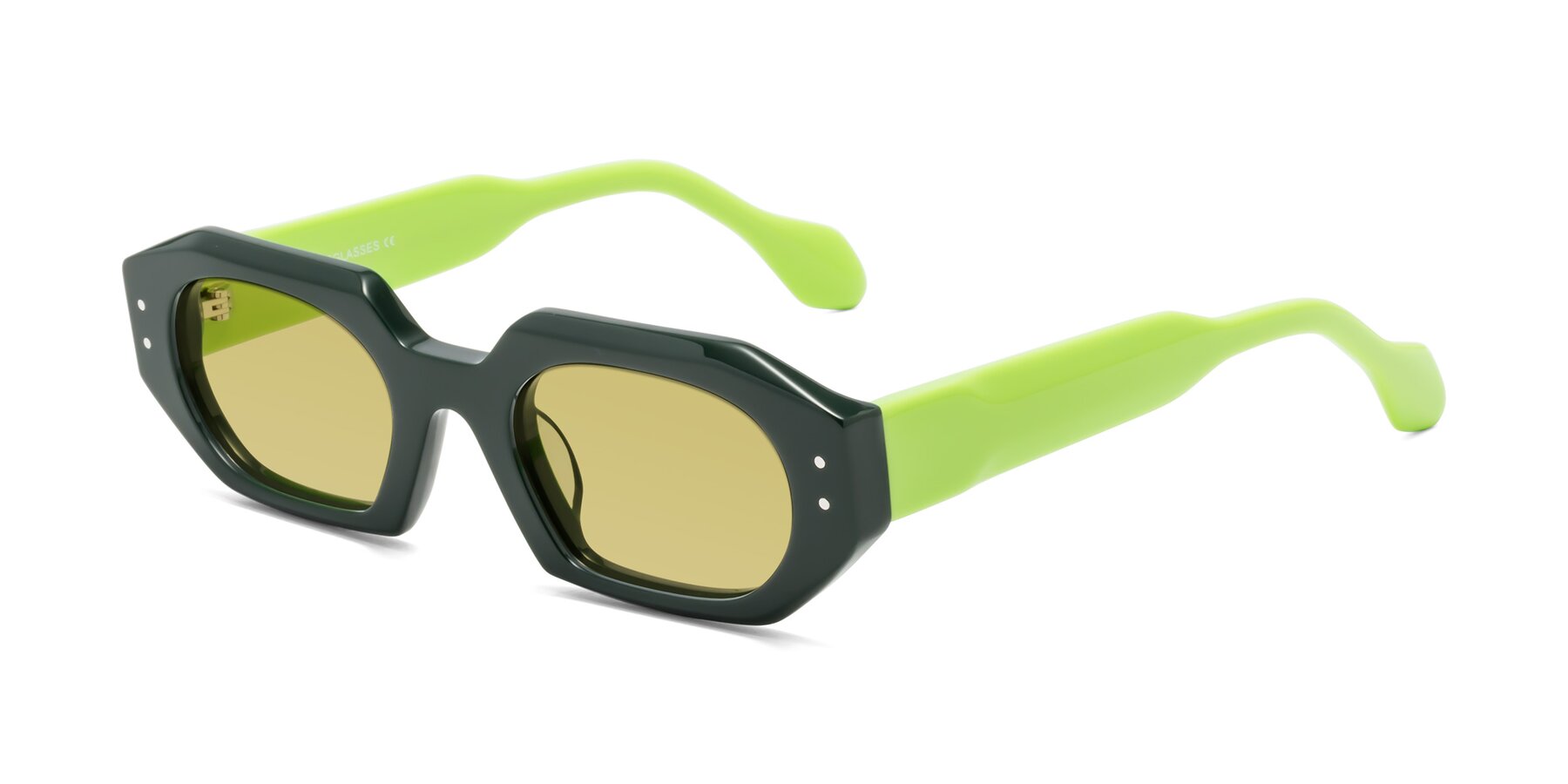 Angle of Molly in Forest-Lime with Medium Champagne Tinted Lenses