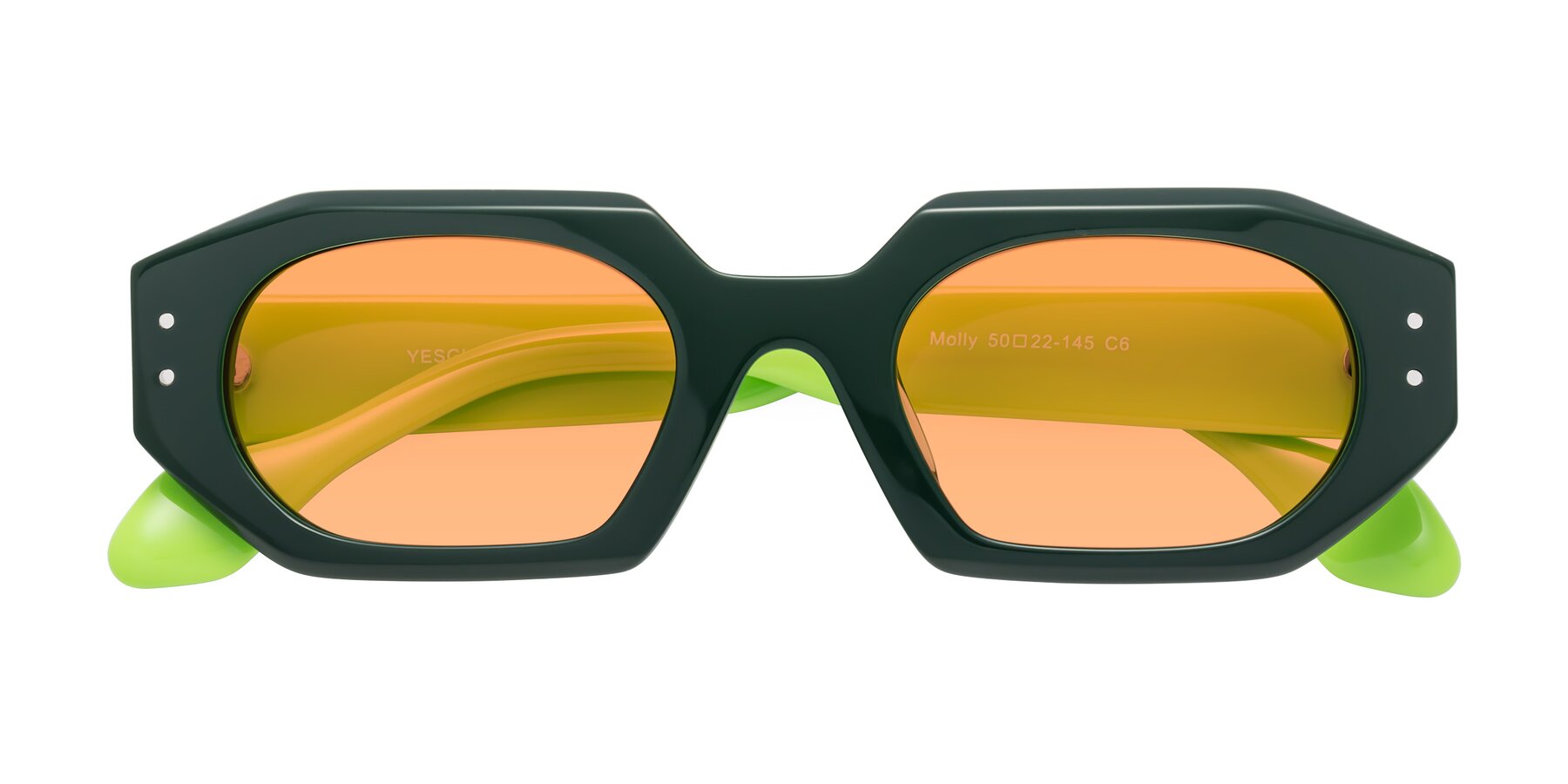 Folded Front of Molly in Forest-Lime with Medium Orange Tinted Lenses