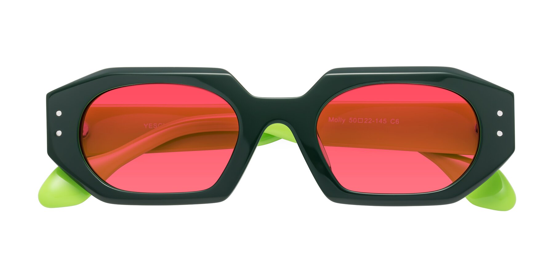 Folded Front of Molly in Forest-Lime with Red Tinted Lenses