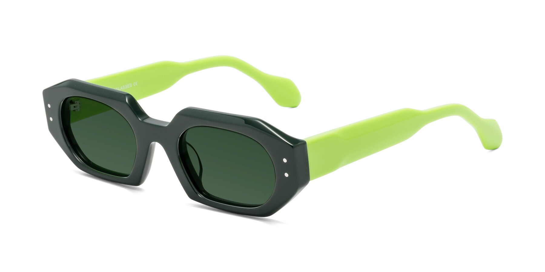 Angle of Molly in Forest-Lime with Green Tinted Lenses