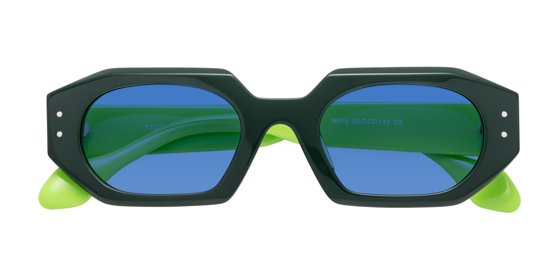 Folded Front of Molly in Forest-Lime with Blue Tinted Lenses